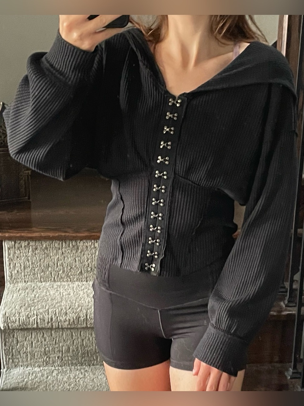 Rare Free People Girls Night Thermal Hoodie Corset Large Black